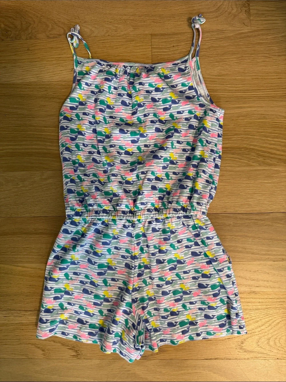 Vineyard Vines Girls White Romper with Blue, Pink, Yellow & Green Whale Print